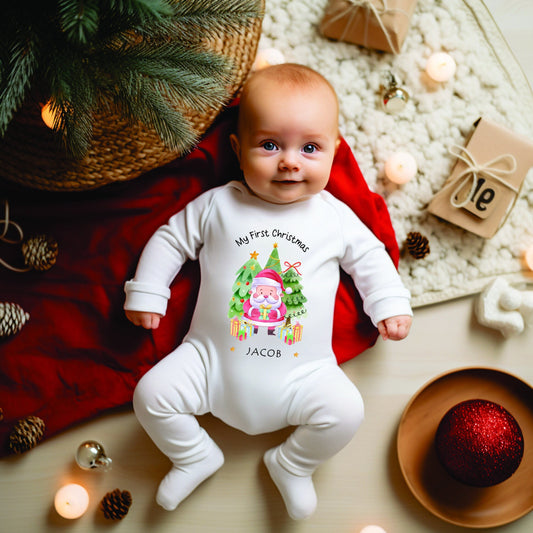 Personalised First Christmas Baby Rompersuit- My First Christmas Sleepsuit - 1st Xmas Santa Claus