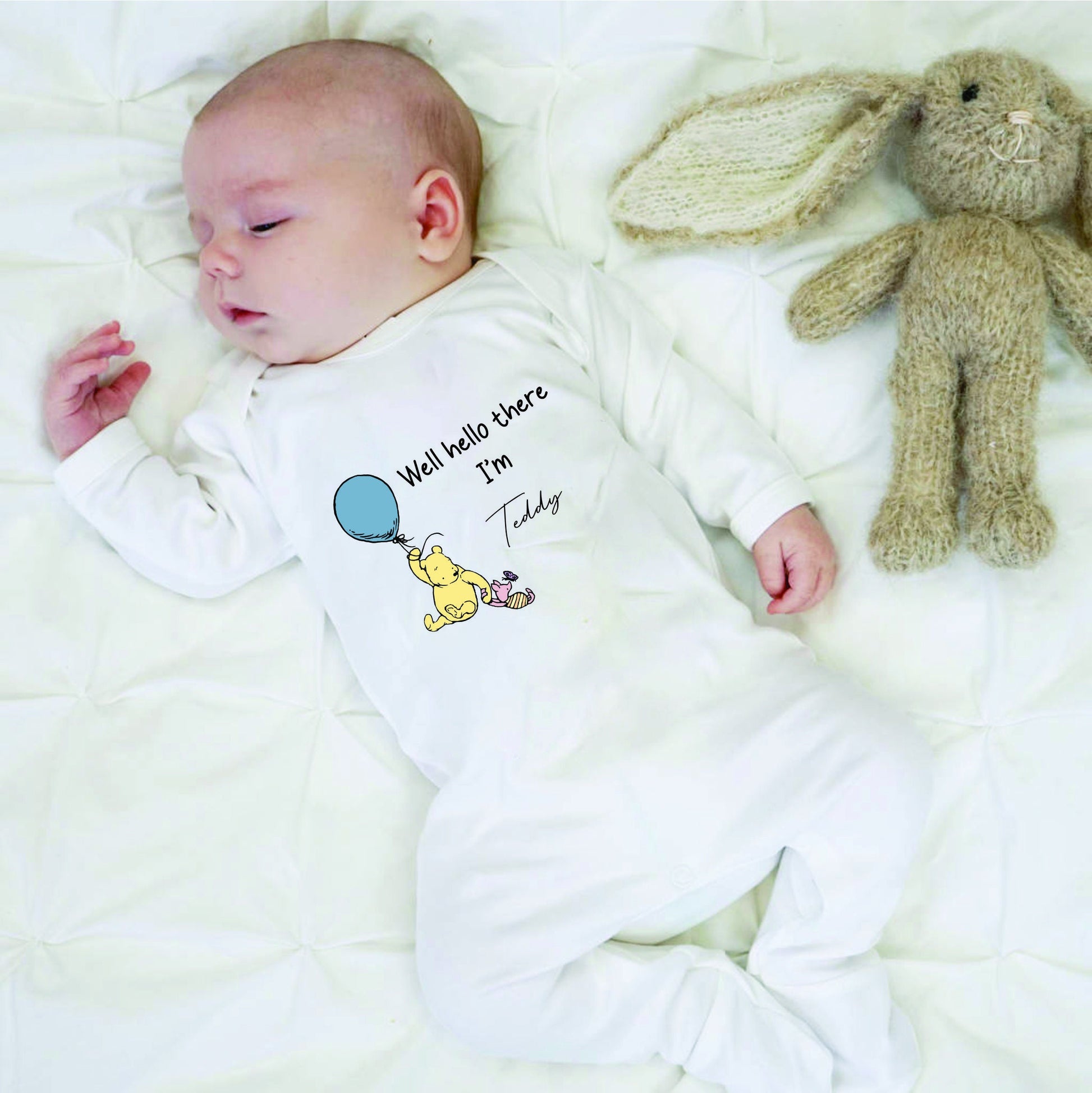 Personalised Well Hello There Classic Winnie the Pooh Baby Rompersuit New Baby Coming Home outfit, Baby announcement Sleepsuit