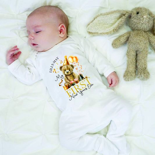 Personalised First New Years Eve Baby Rompersuit- My First New Years Eve Sleepsuit - 1st New Year Teddy