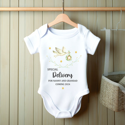 Personalised Special Delivery Stork Baby Announcement Vest/Romper - Pregnancy Reveal - Newborn - Baby Shower Gift - New Grandparents Vest