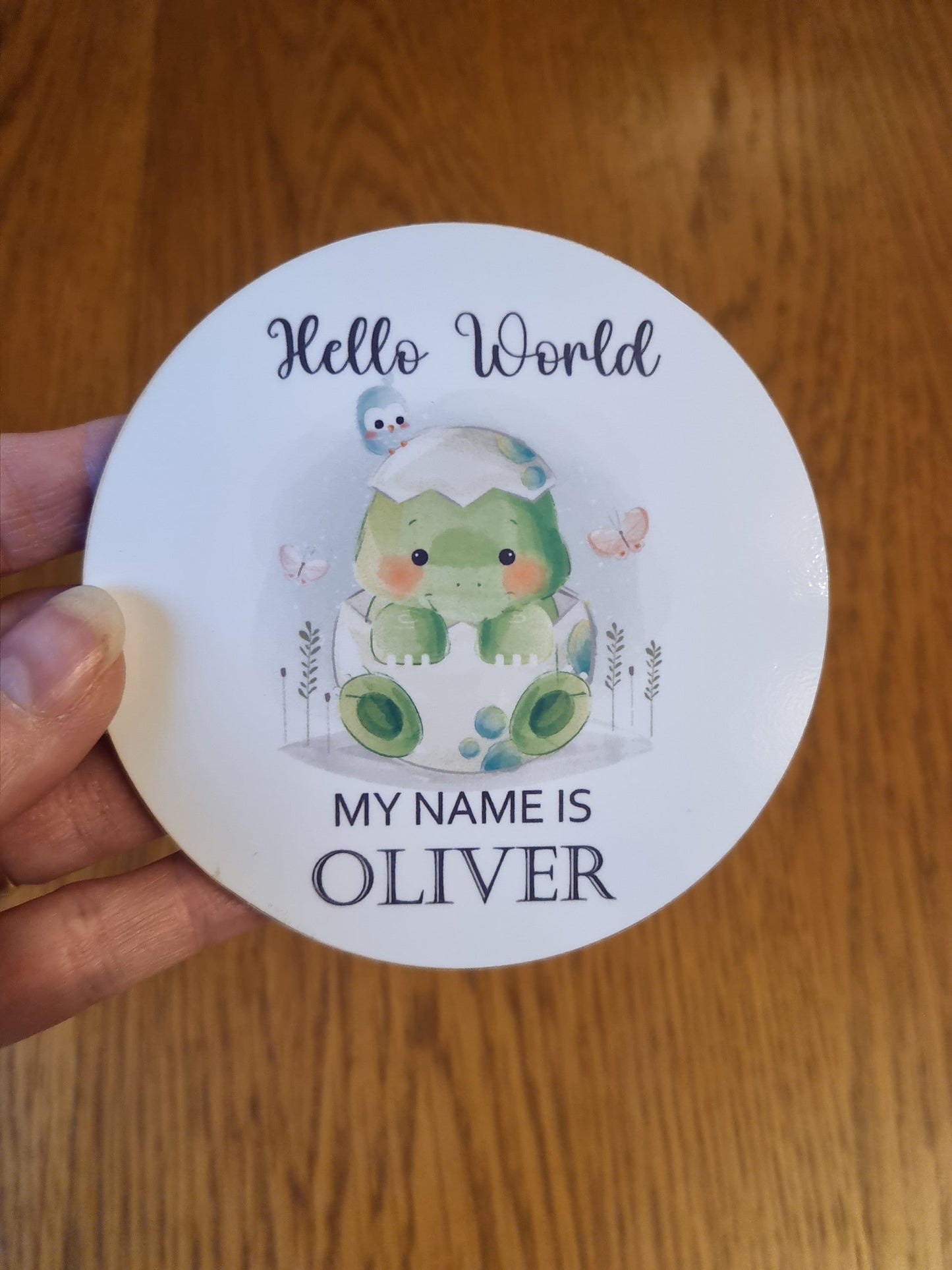 New baby arrival disc Hello World My Name is, New Baby Coasters - Cute Dinosaur