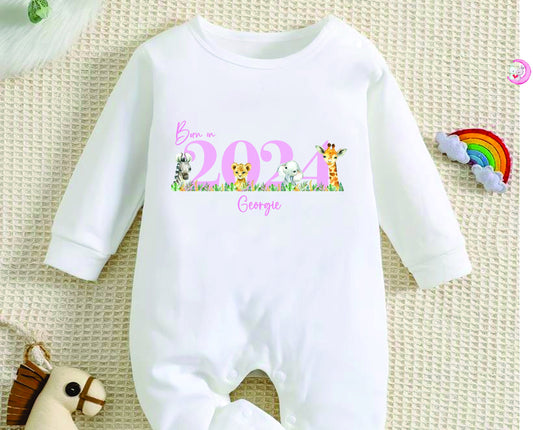 Personalised Born In 2024 Baby Rompersuit- New Baby Sleepsuit - Welcome to the World - Hello Baby