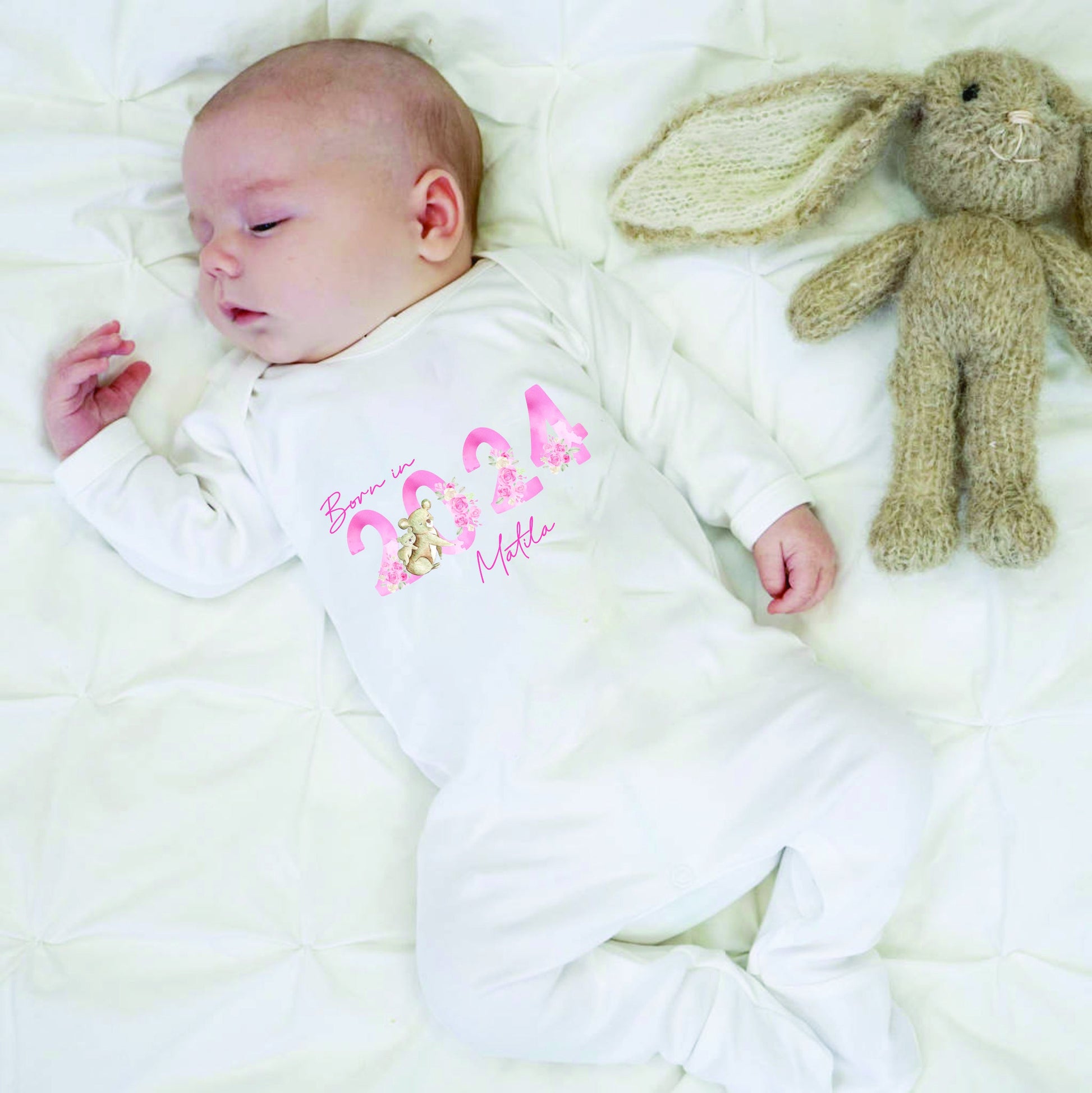 Personalised Born In 2024 Baby Rompersuit- New Baby Sleepsuit - Welcome to the World - Hello Baby