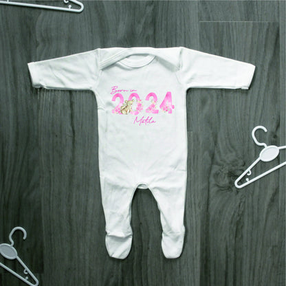 Personalised Born In 2024 Baby Rompersuit- New Baby Sleepsuit - Welcome to the World - Hello Baby