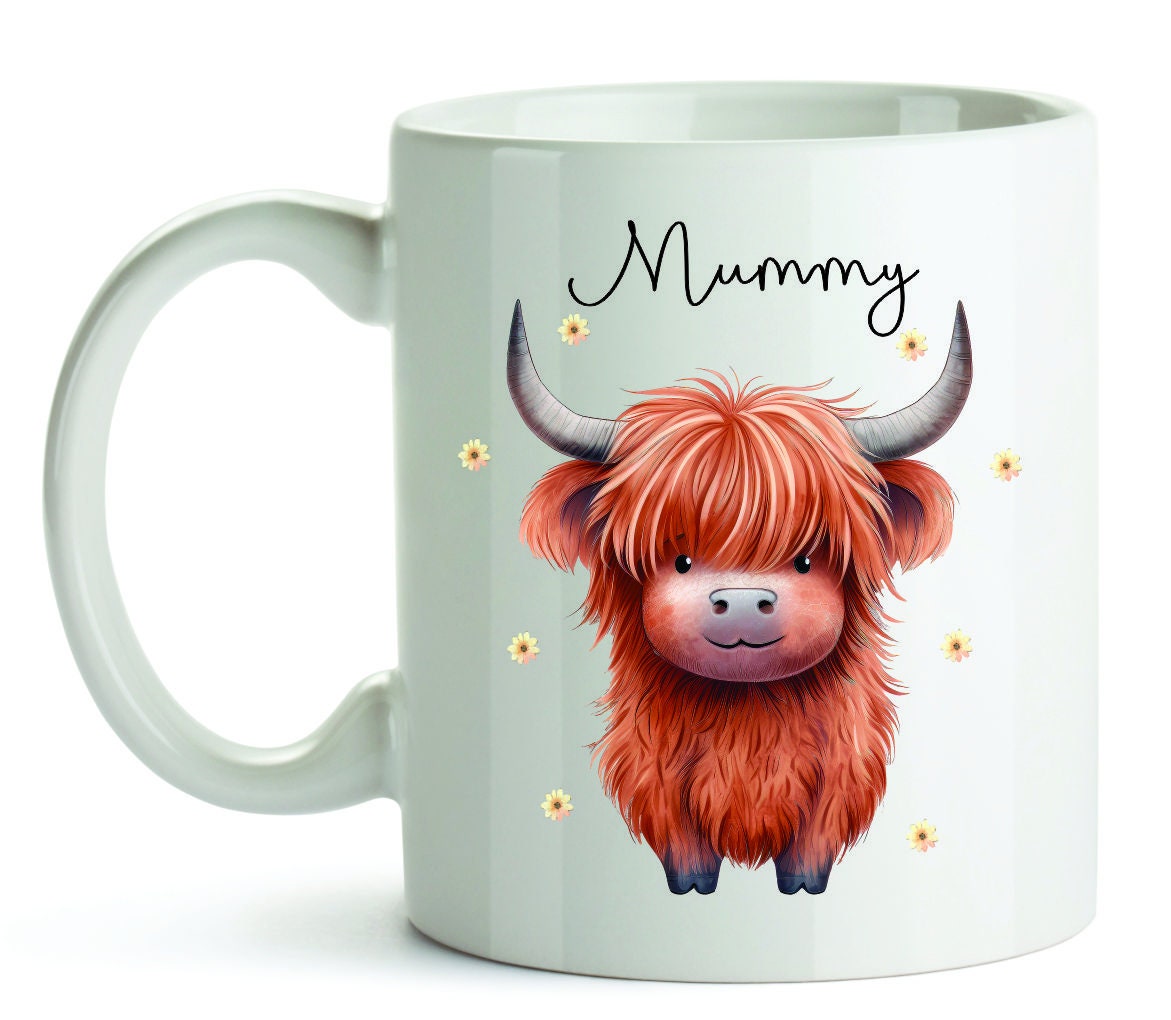 Personalised Highland Cow Mug / Coaster for Mum / Mummy - Set - Cute Highland Cow - Mother's Day