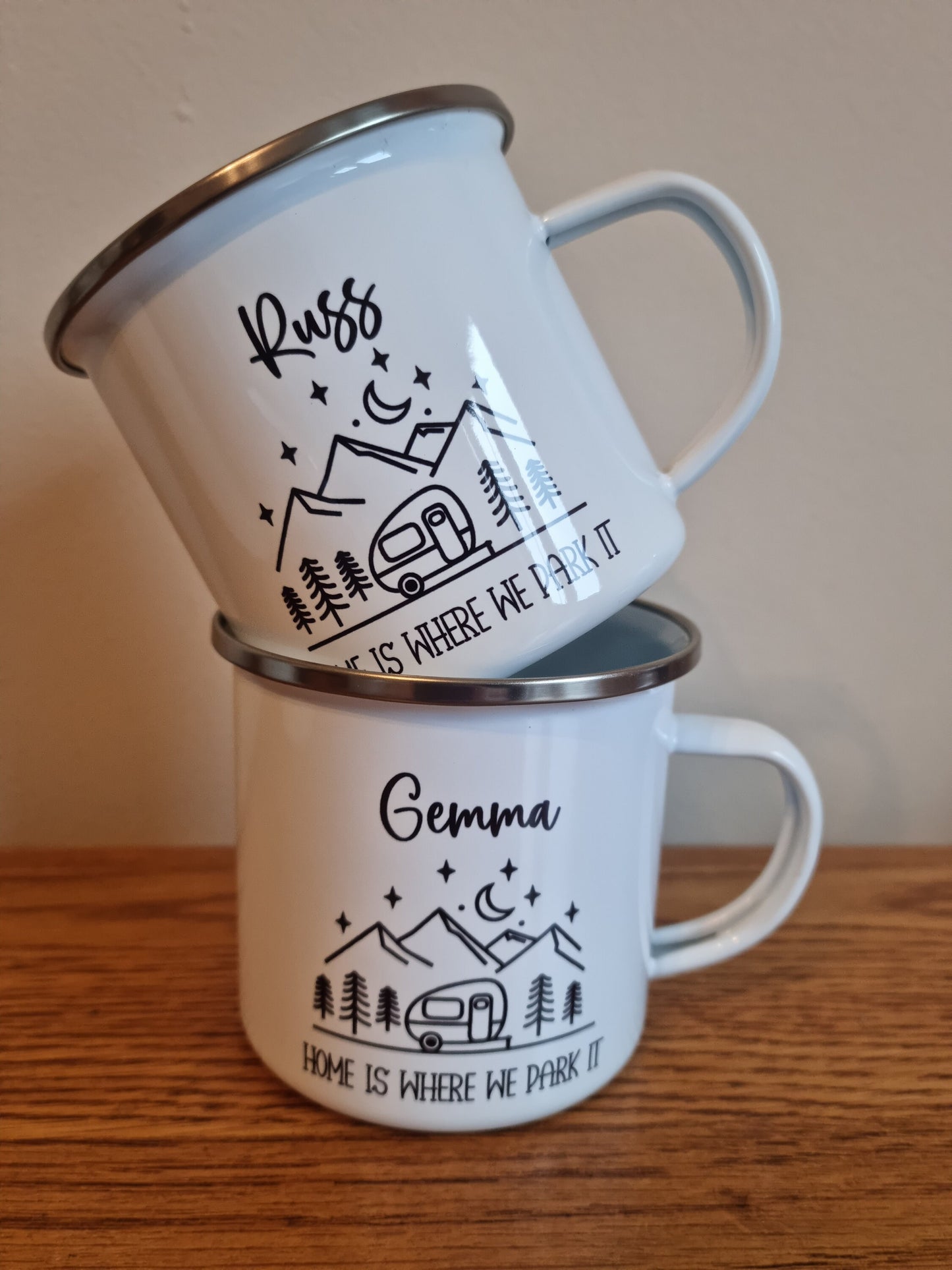 Personalised Caravan Mugs, Caravan Enamel Mug, Family Caravan mugs - Camping - Travel Mugs