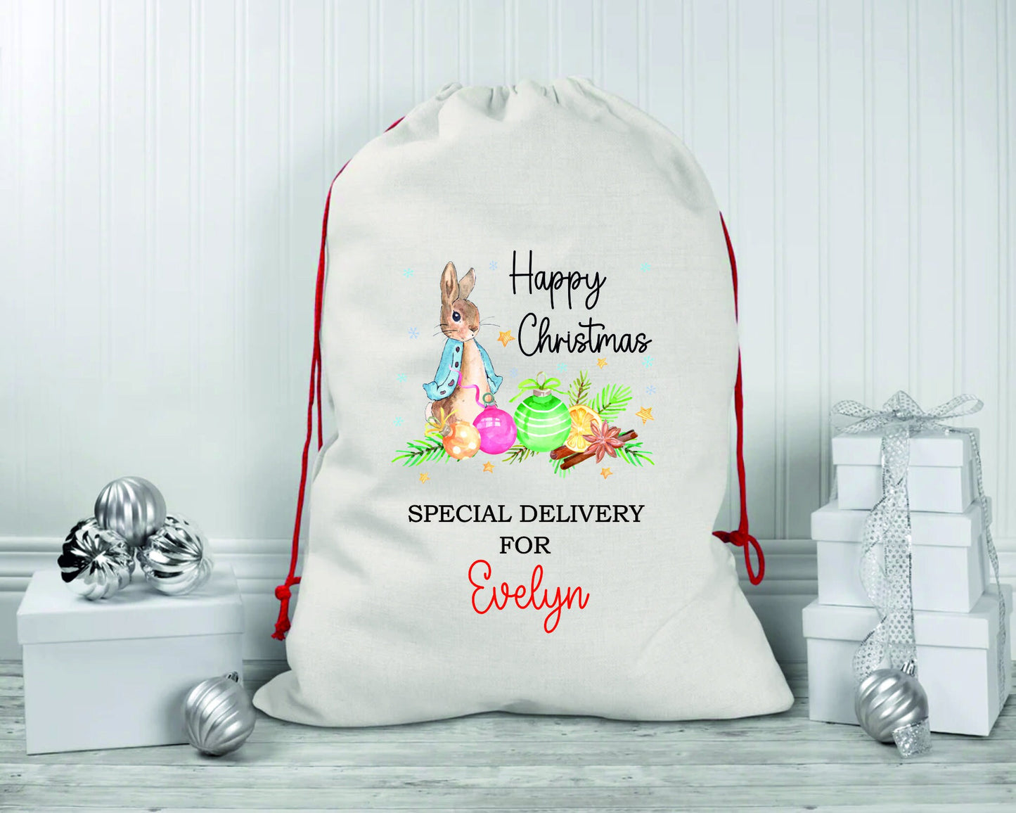 Personalised Peter Rabbit Santa Sacks | Linen Kids Stockings, Girls/Boys Xmas Gift Bag / Xmas Gift Bag / Post / Christmas Eve sack