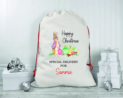 Personalised Peter Rabbit Santa Sacks | Linen Kids Stockings, Girls/Boys Xmas Gift Bag / Xmas Gift Bag / Post / Christmas Eve sack