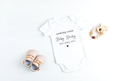 Personalised Coming Soon Announcement Baby Vest / Rompersuit- Surname, Due Date - Pregnancy Gift Reveal - Baby Coming Soon