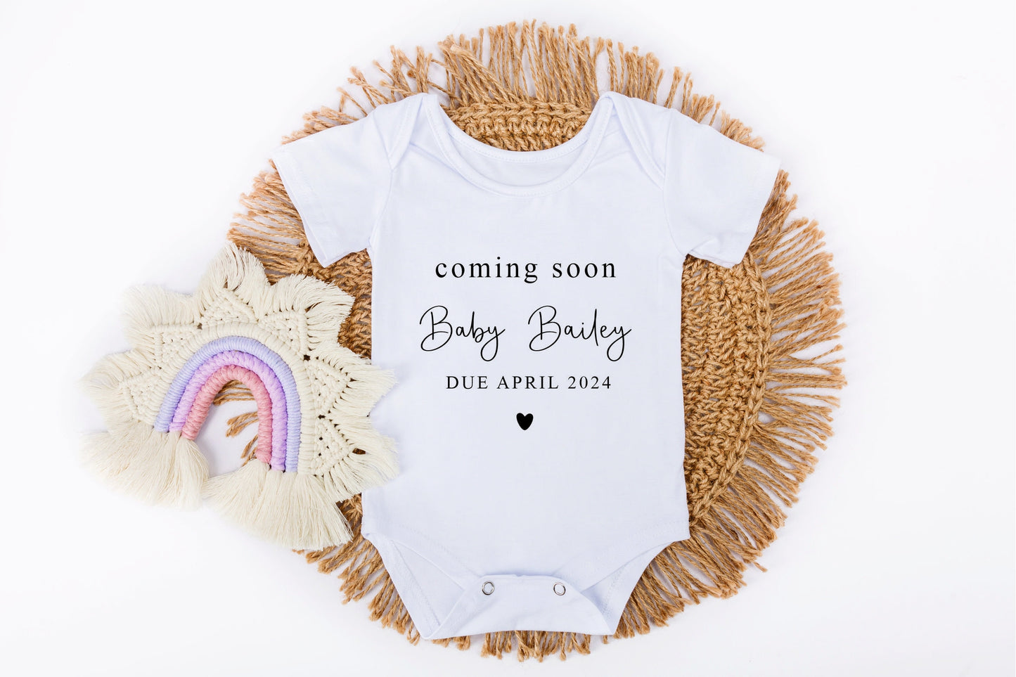 Personalised Coming Soon Announcement Baby Vest / Rompersuit- Surname, Due Date - Pregnancy Gift Reveal - Baby Coming Soon