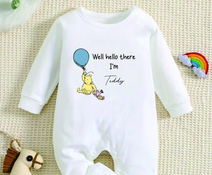 Personalised Well Hello There Classic Winnie the Pooh Baby Rompersuit New Baby Coming Home outfit, Baby announcement Sleepsuit