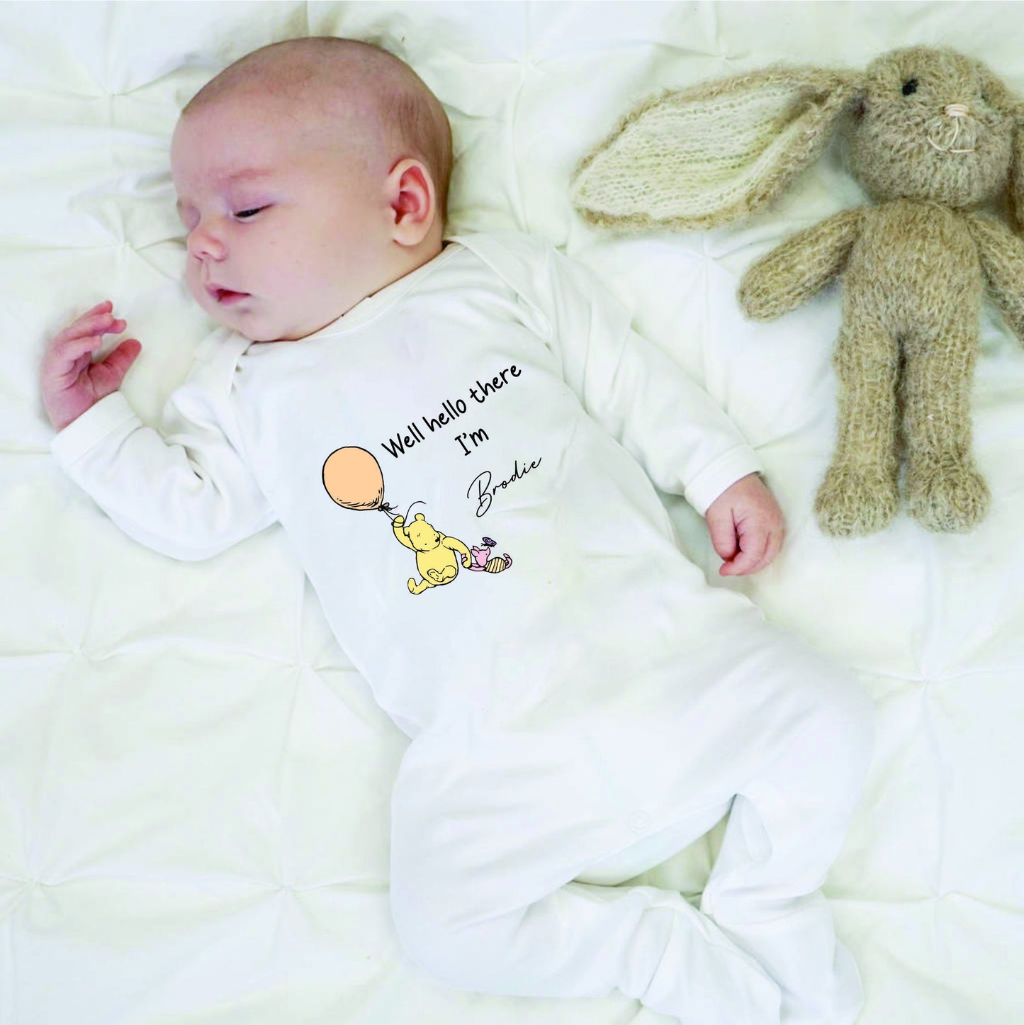 Personalised Well Hello There Classic Winnie the Pooh Baby Rompersuit New Baby Coming Home outfit, Baby announcement Sleepsuit