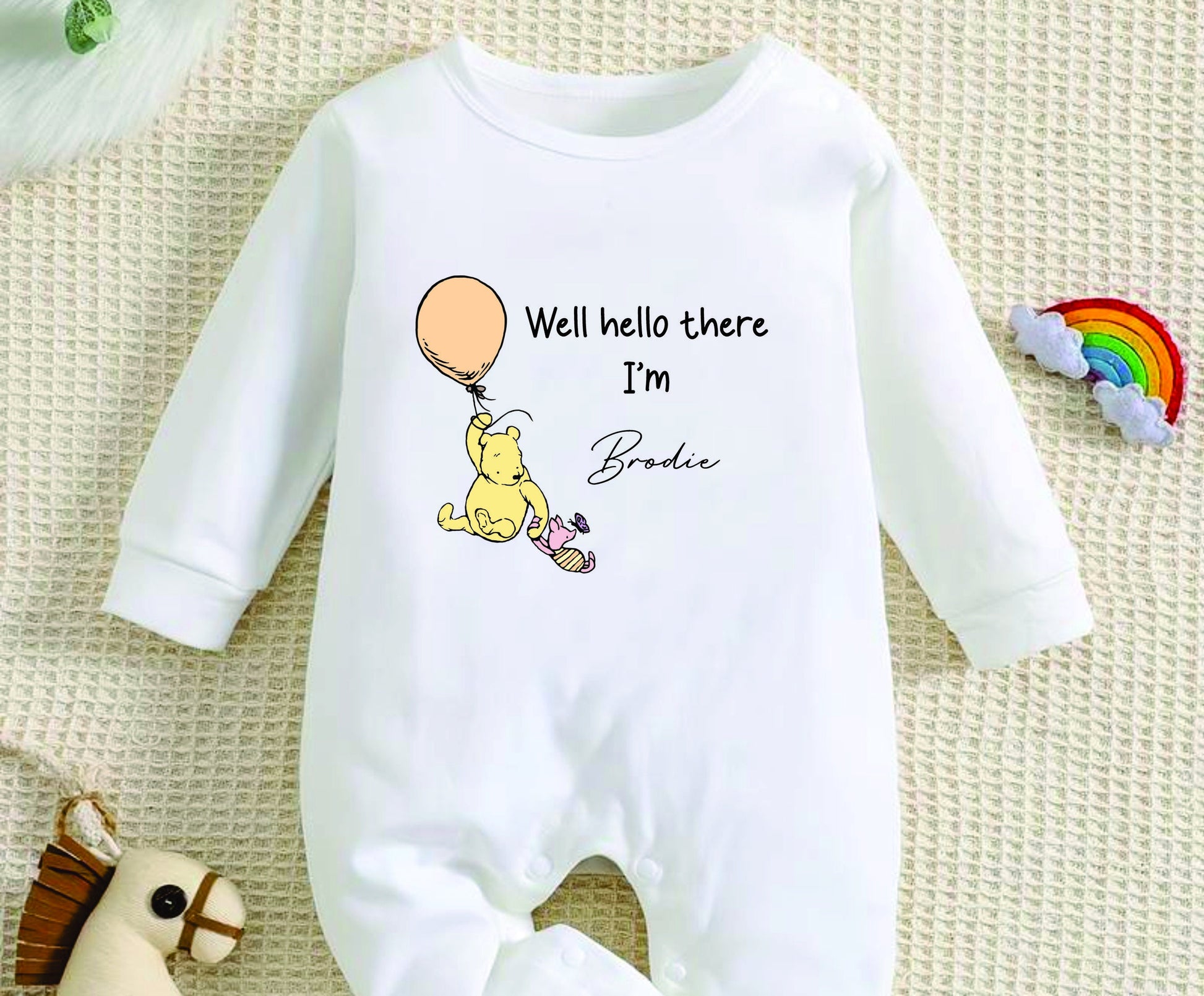 Personalised Well Hello There Classic Winnie the Pooh Baby Rompersuit New Baby Coming Home outfit, Baby announcement Sleepsuit