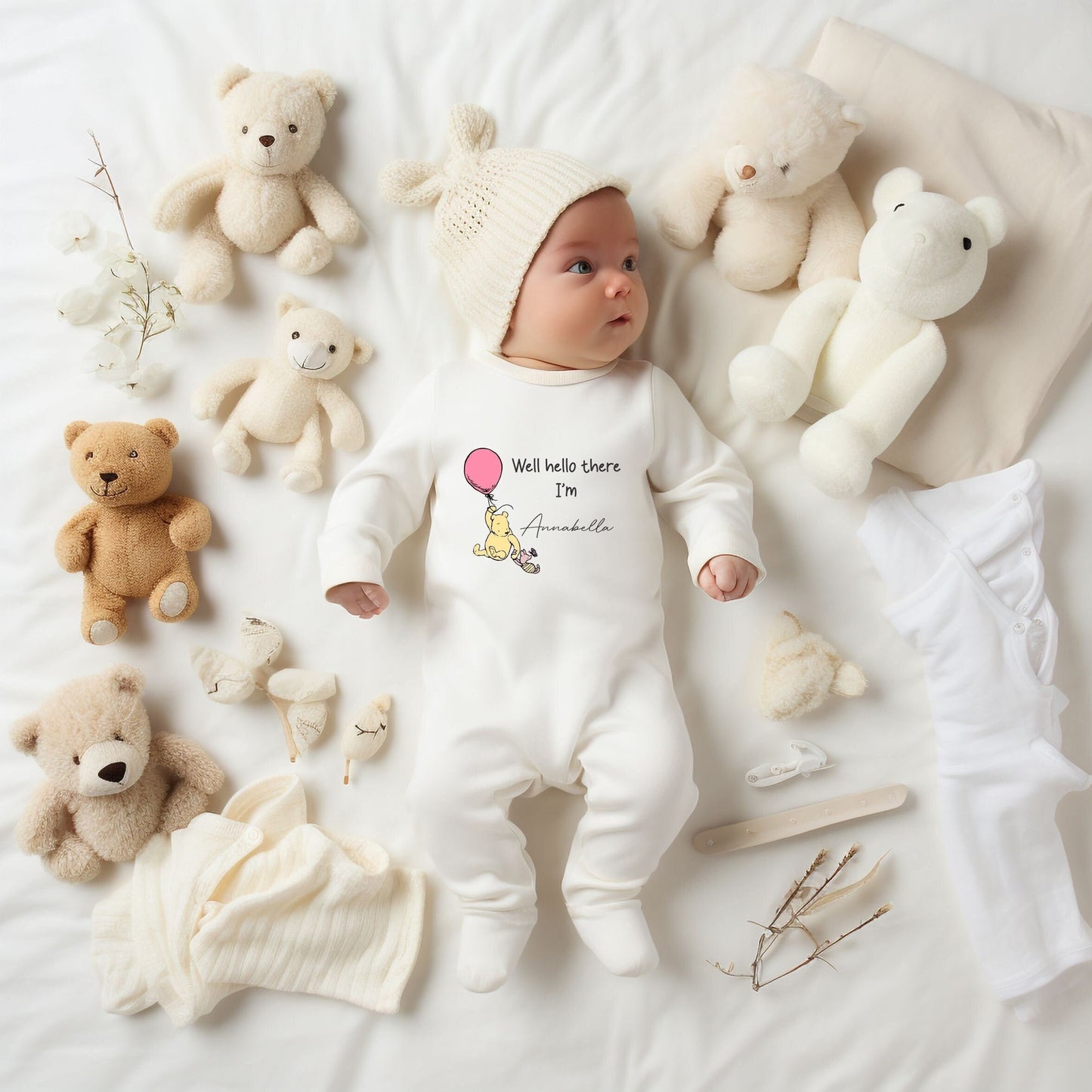 Personalised Well Hello There Classic Winnie the Pooh Baby Rompersuit New Baby Coming Home outfit, Baby announcement Sleepsuit