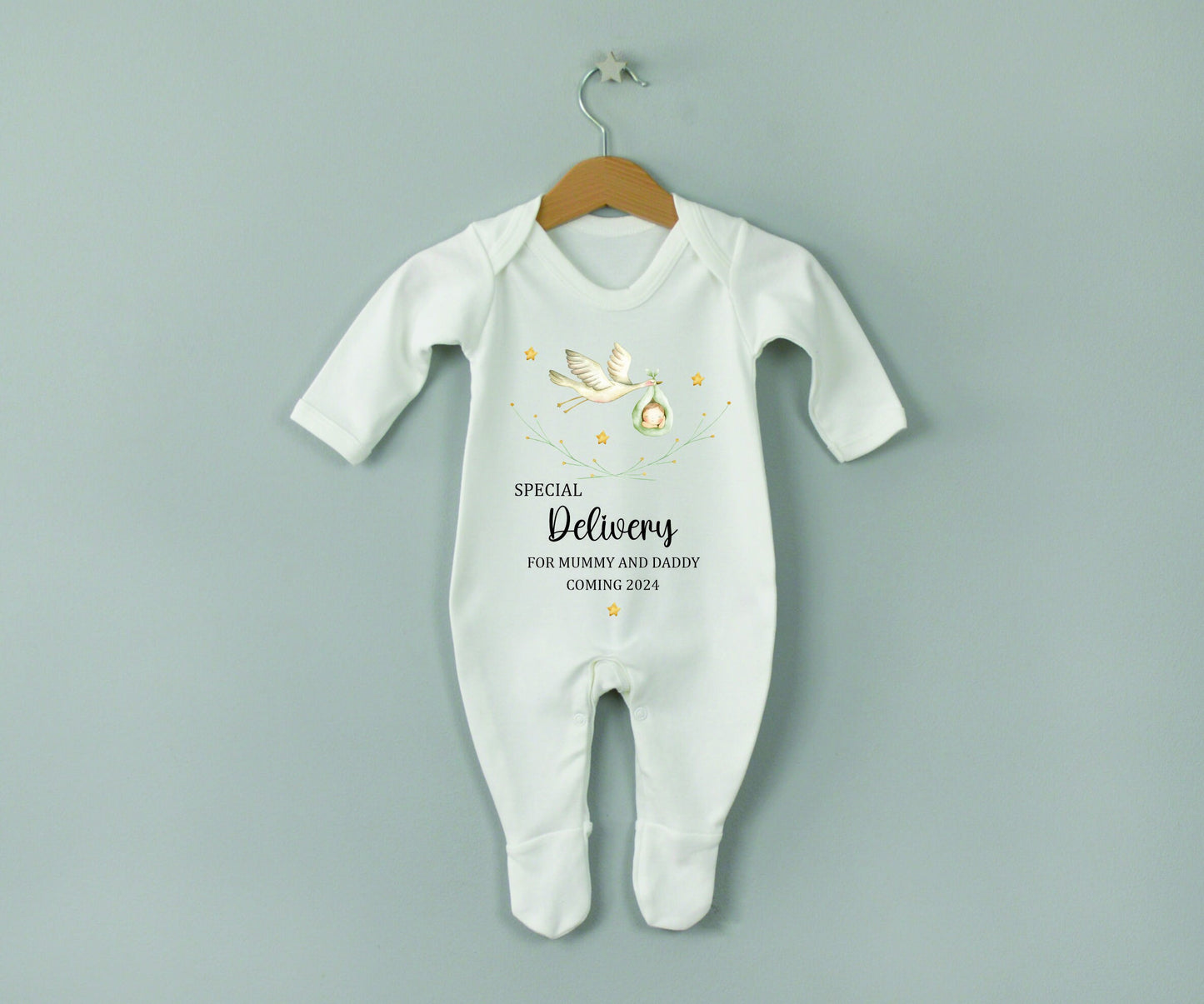 Personalised Special Delivery Stork Baby Announcement Vest/Romper - Pregnancy Reveal - Newborn - Baby Shower Gift - New Mummy and Daddy Vest