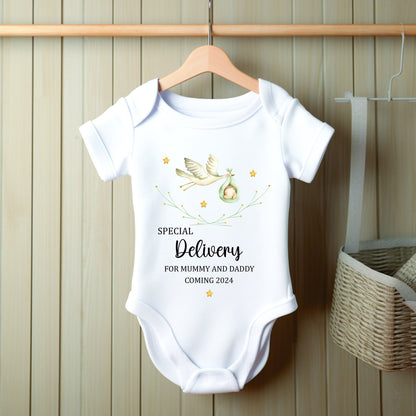 Personalised Special Delivery Stork Baby Announcement Vest/Romper - Pregnancy Reveal - Newborn - Baby Shower Gift - New Mummy and Daddy Vest