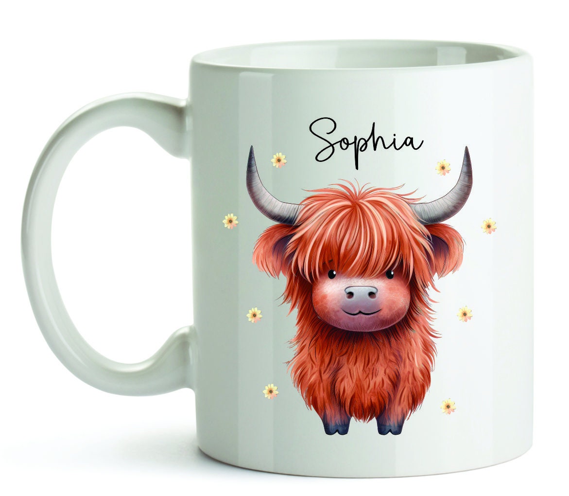 Personalised Highland Cow Mug / Coaster for Mum / Mummy - Set - Cute Highland Cow - Mother's Day