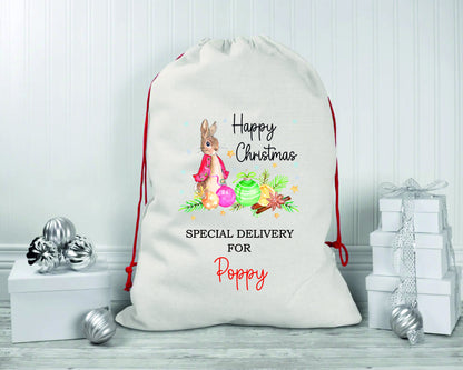 Personalised Peter Rabbit Santa Sacks | Linen Kids Stockings, Girls/Boys Xmas Gift Bag / Xmas Gift Bag / Post / Christmas Eve sack