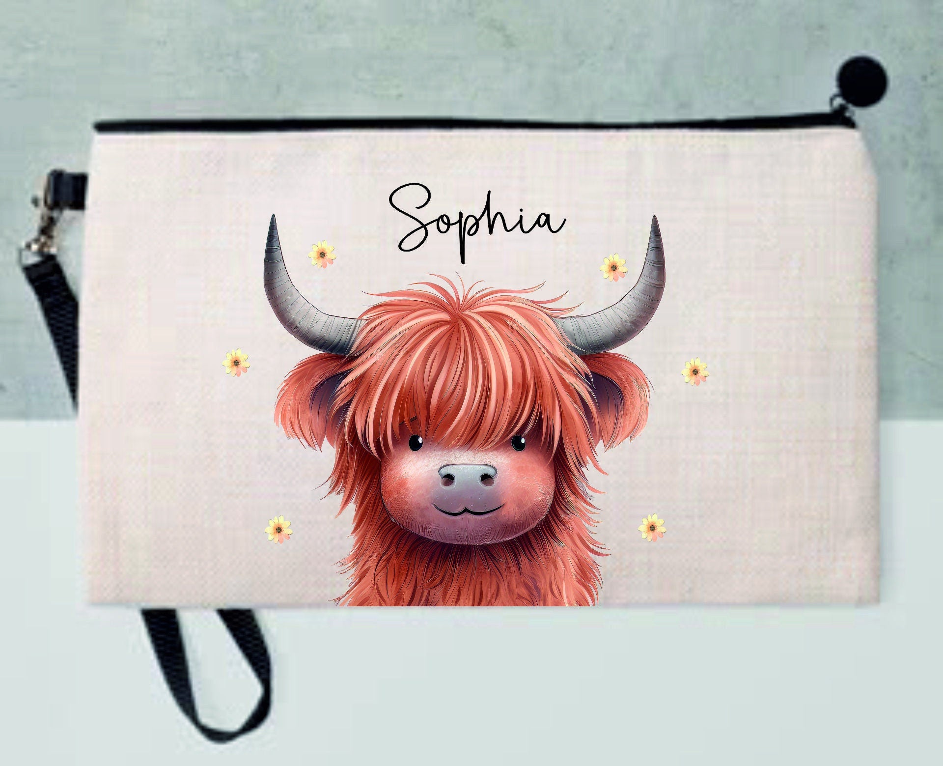 Personalised Highland Cow Pencil Case, Make up bag, Purse