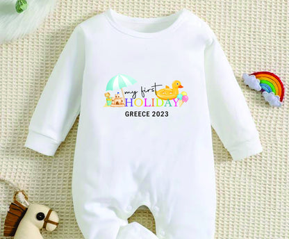 Personalised My First Holiday Kids T-Shirt, Baby Boy 1st Holiday Vest Vacation Kids T-shirt, Baby Grow, Rompersuit