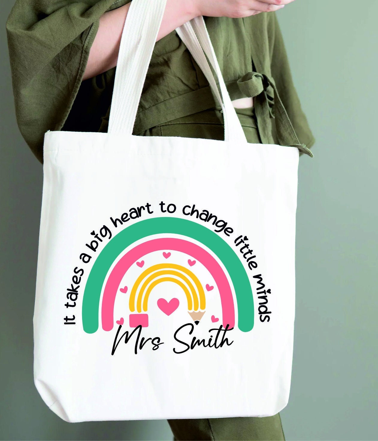 Personalised Teacher It take a big heart to change little minds Tote Bag | Thank You Teacher Gift